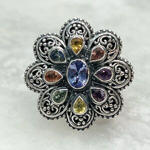 Tanzanite Multi Sapphire Sterling Silver Floral Ring Sz 7